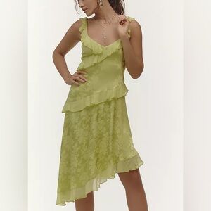 Anthropologie Lime Green Asymmetrical Ruffle Dress